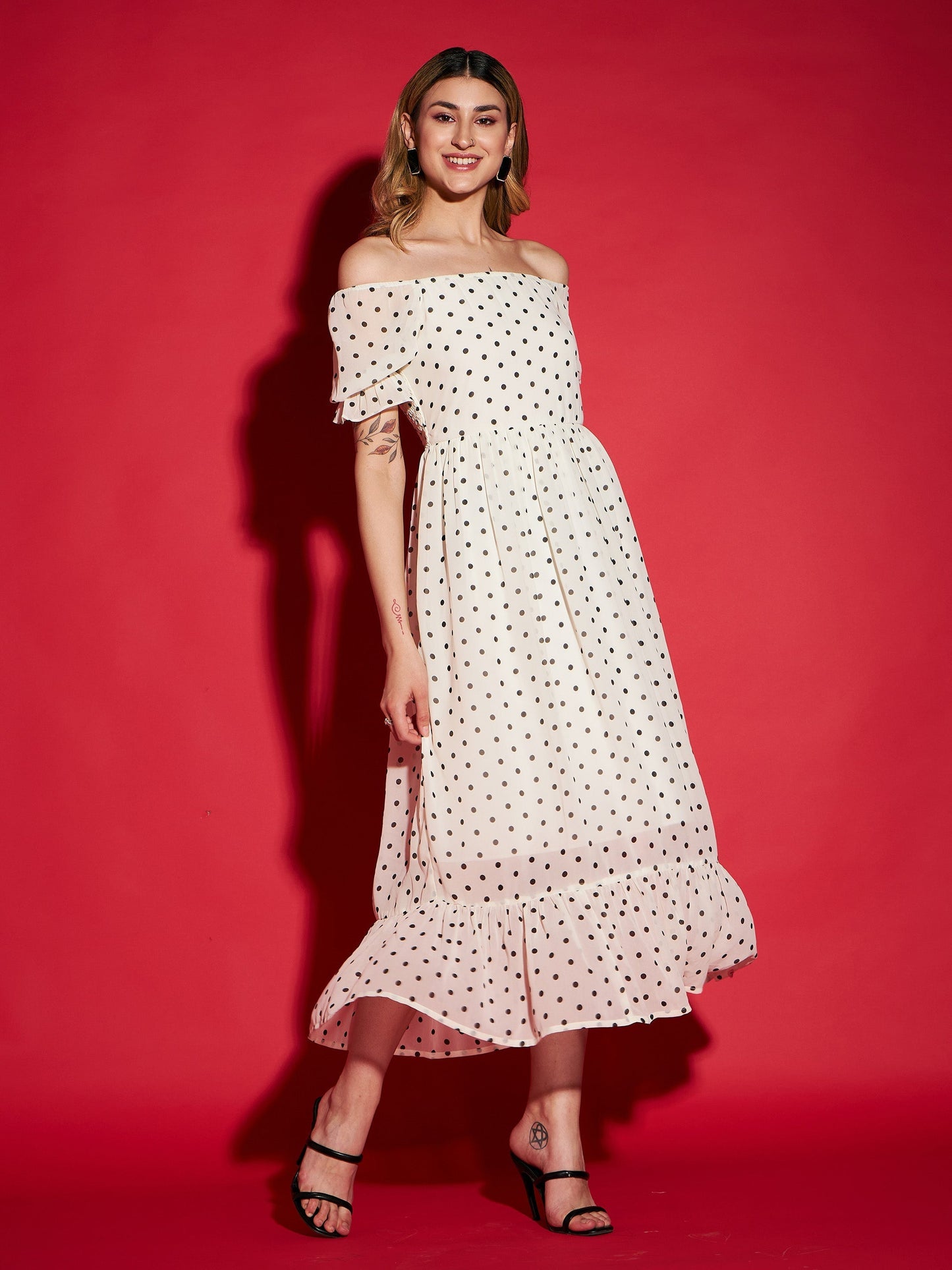 Women's White Polka Dot Printed Frill Hem Maxi Dress