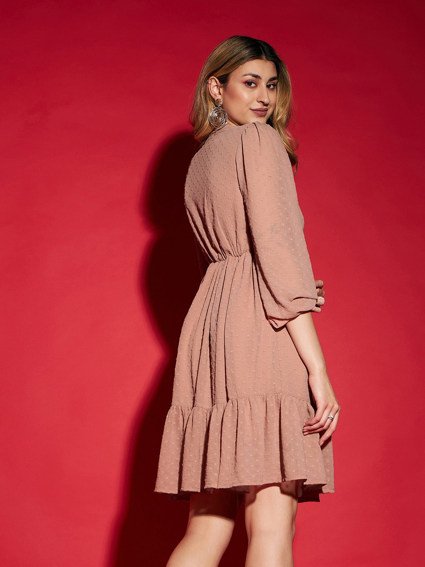 Women's Dusty Pink Dobby Frill Hem Short Dress