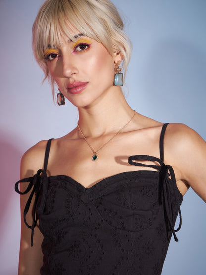 Women's Black Schiffli Corset Mini Dress