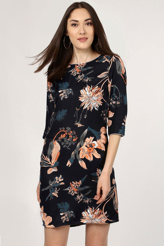 Women's Tropical Black Orange Shift Dress