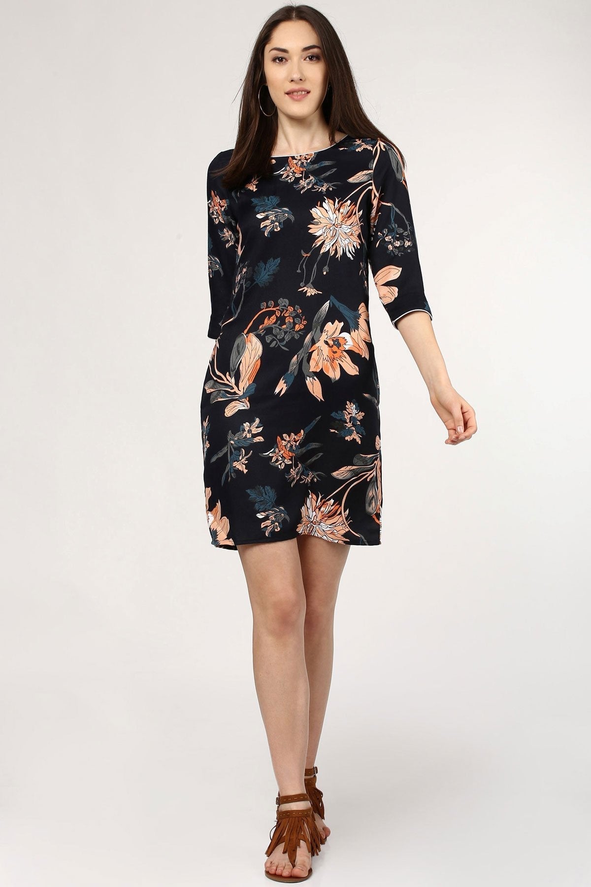 Women's Tropical Black Orange Shift Dress