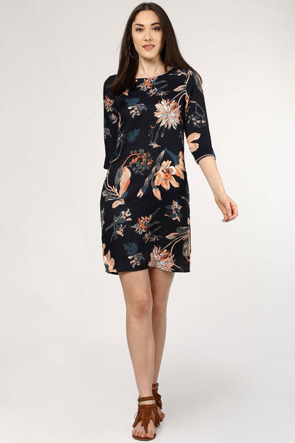 Women's Tropical Black Orange Shift Dress