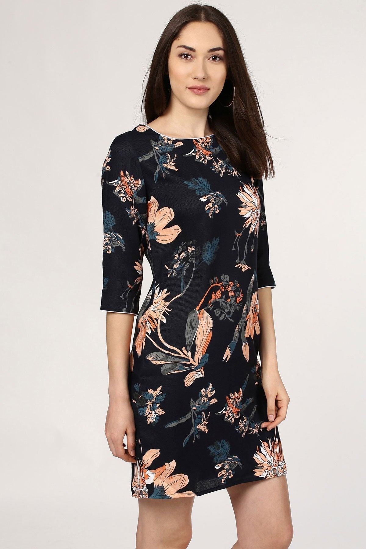 Women's Tropical Black Orange Shift Dress