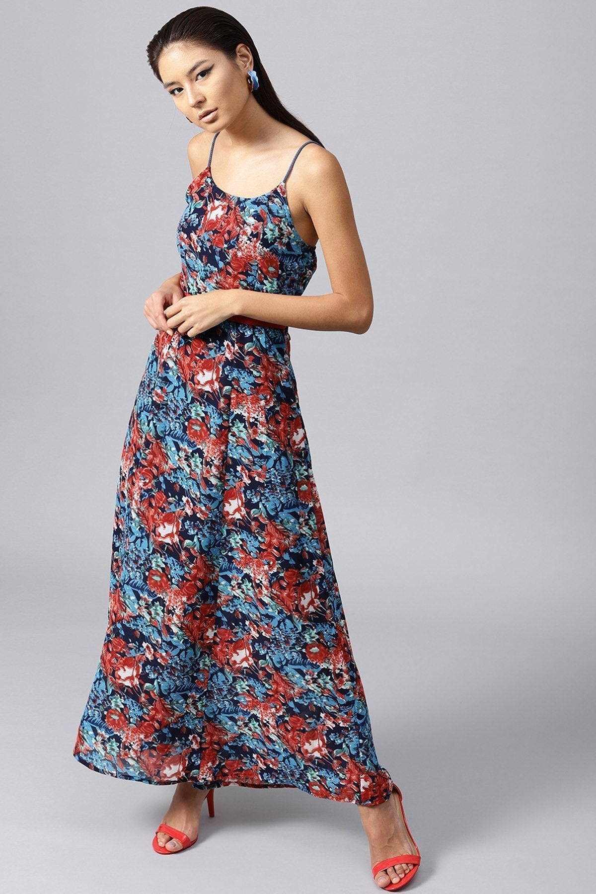 Women's Navy Tropical Belted Strappy Maxi