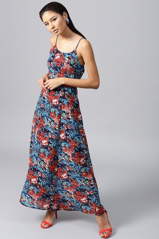 Women's Navy Tropical Belted Strappy Maxi