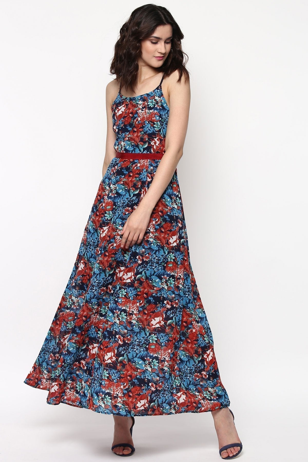 Women's Navy Tropical Belted Strappy Maxi