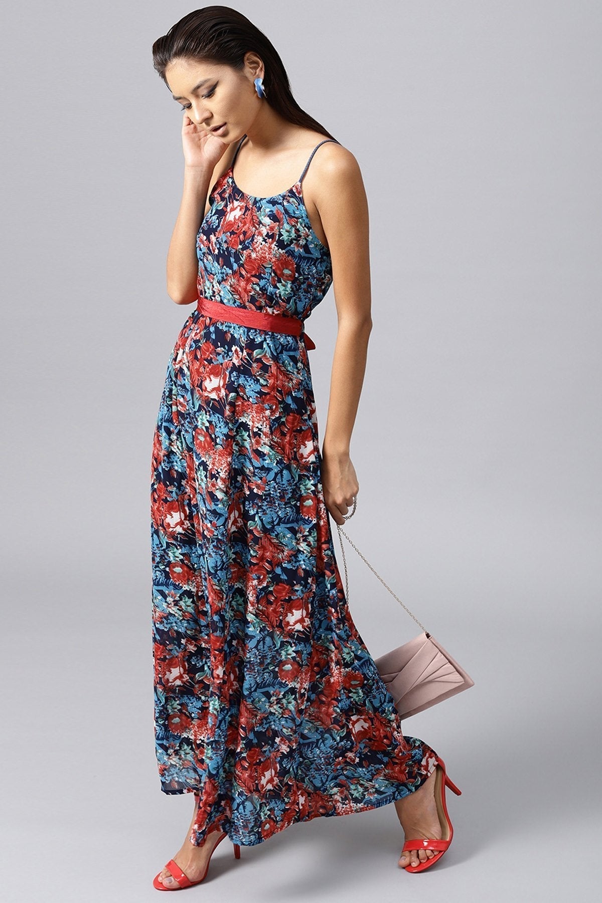 Women's Navy Tropical Belted Strappy Maxi