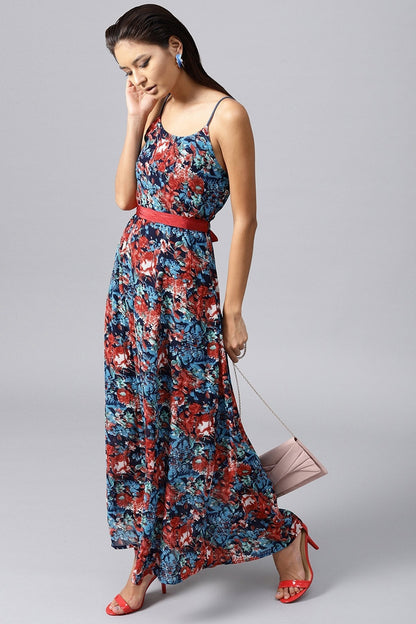 Women's Navy Tropical Belted Strappy Maxi