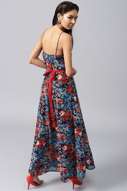Women's Navy Tropical Belted Strappy Maxi