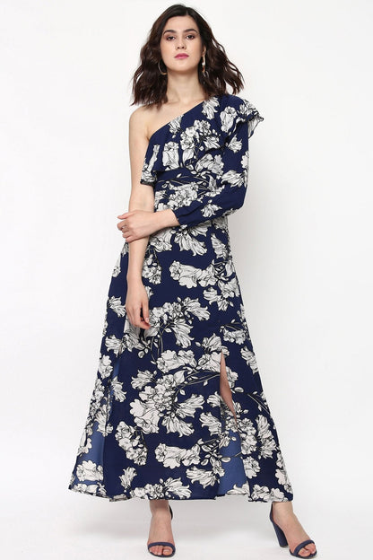 Women's Blue Floral One Shoulder Maxi Dress