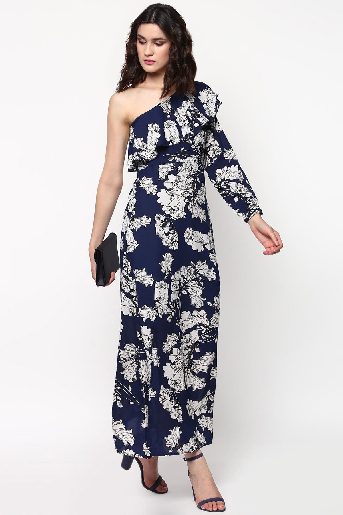 Women's Blue Floral One Shoulder Maxi Dress