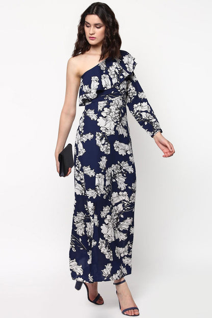 Women's Blue Floral One Shoulder Maxi Dress