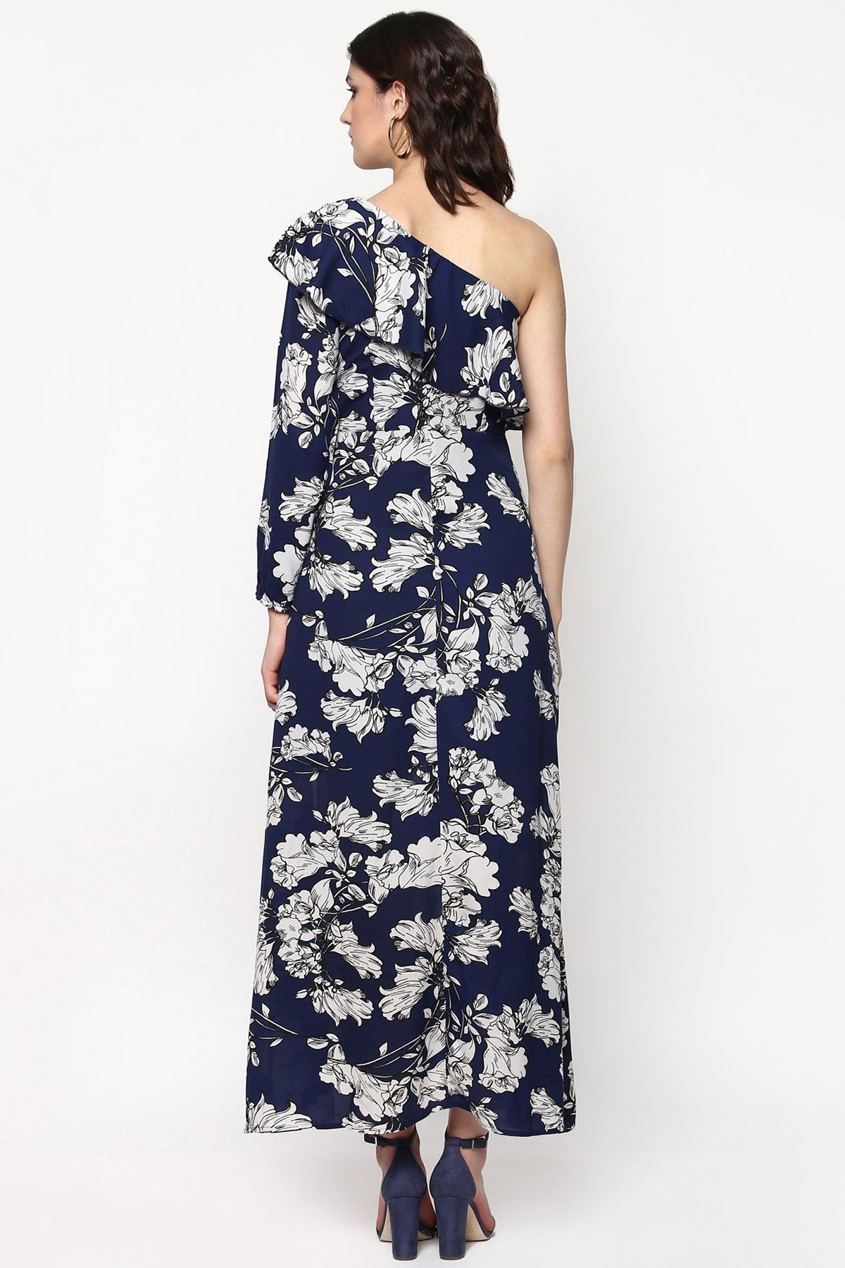 Women's Blue Floral One Shoulder Maxi Dress