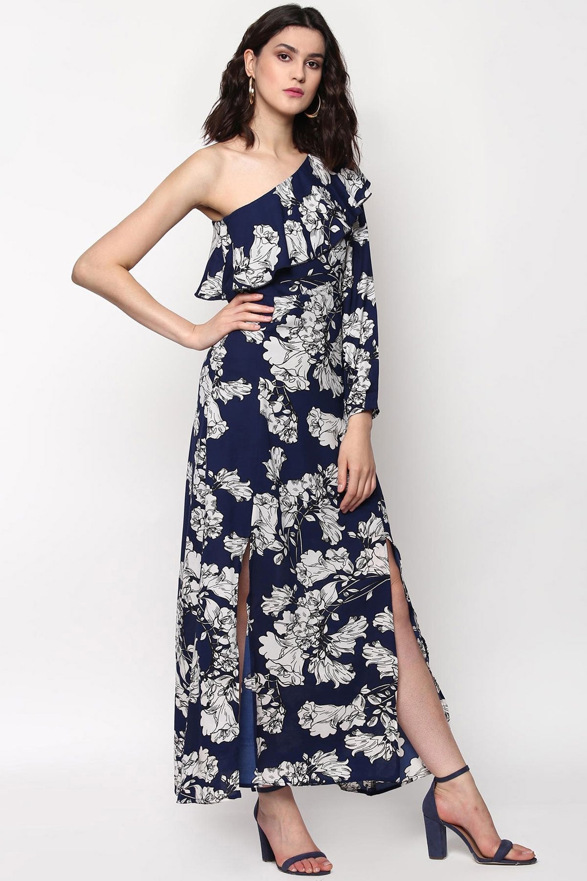 Women's Blue Floral One Shoulder Maxi Dress