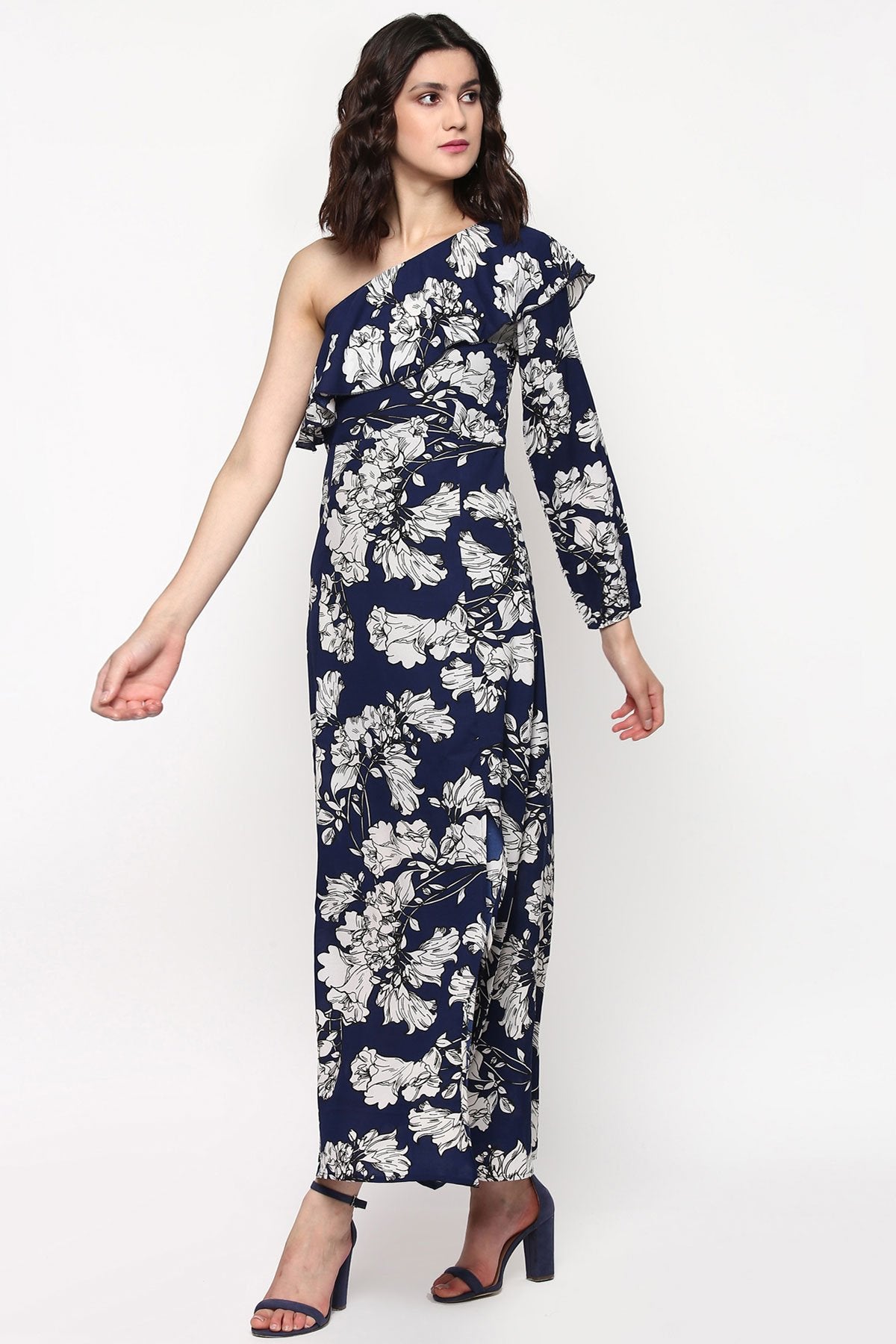 Women's Blue Floral One Shoulder Maxi Dress