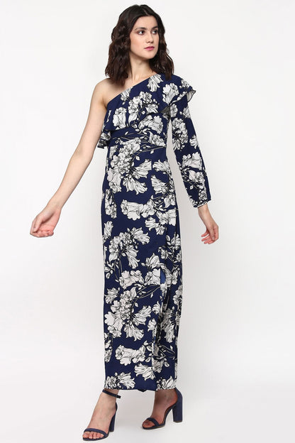 Women's Blue Floral One Shoulder Maxi Dress