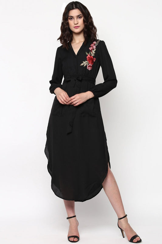 Women's Black Embroidered Patch Belted Maxi Dress