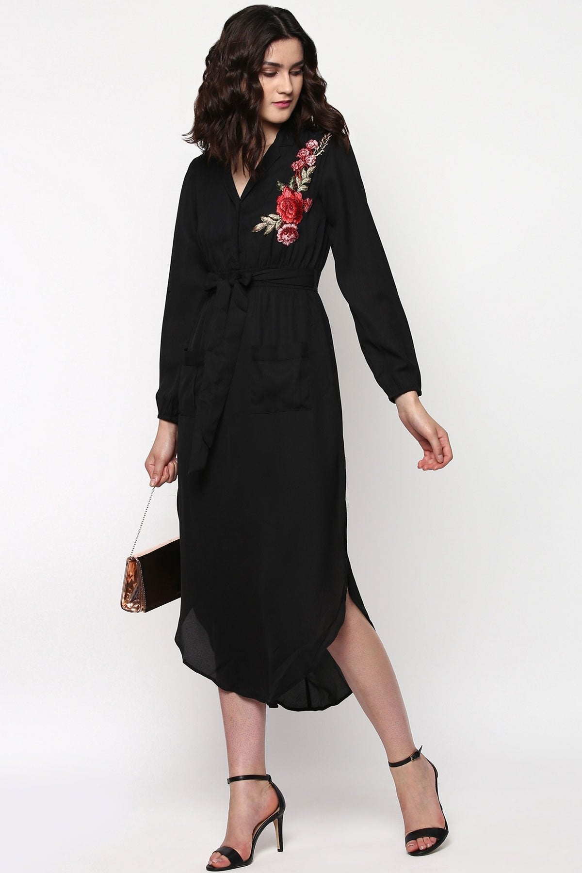 Women's Black Embroidered Patch Belted Maxi Dress
