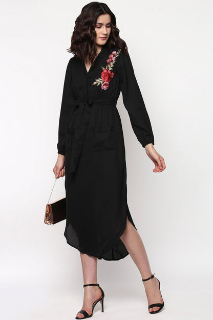 Women's Black Embroidered Patch Belted Maxi Dress