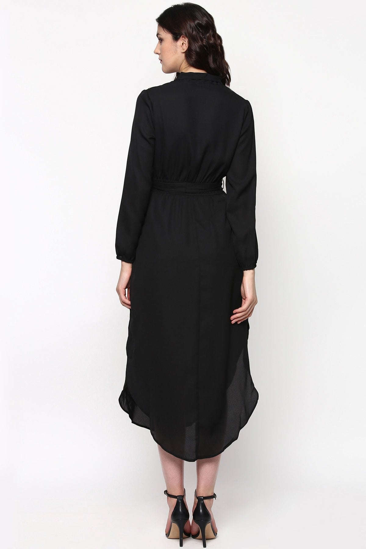 Women's Black Embroidered Patch Belted Maxi Dress