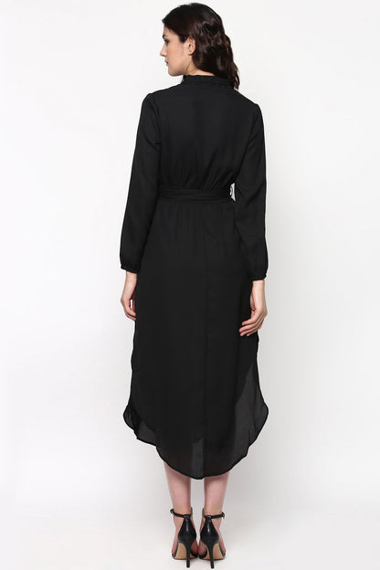 Women's Black Embroidered Patch Belted Maxi Dress