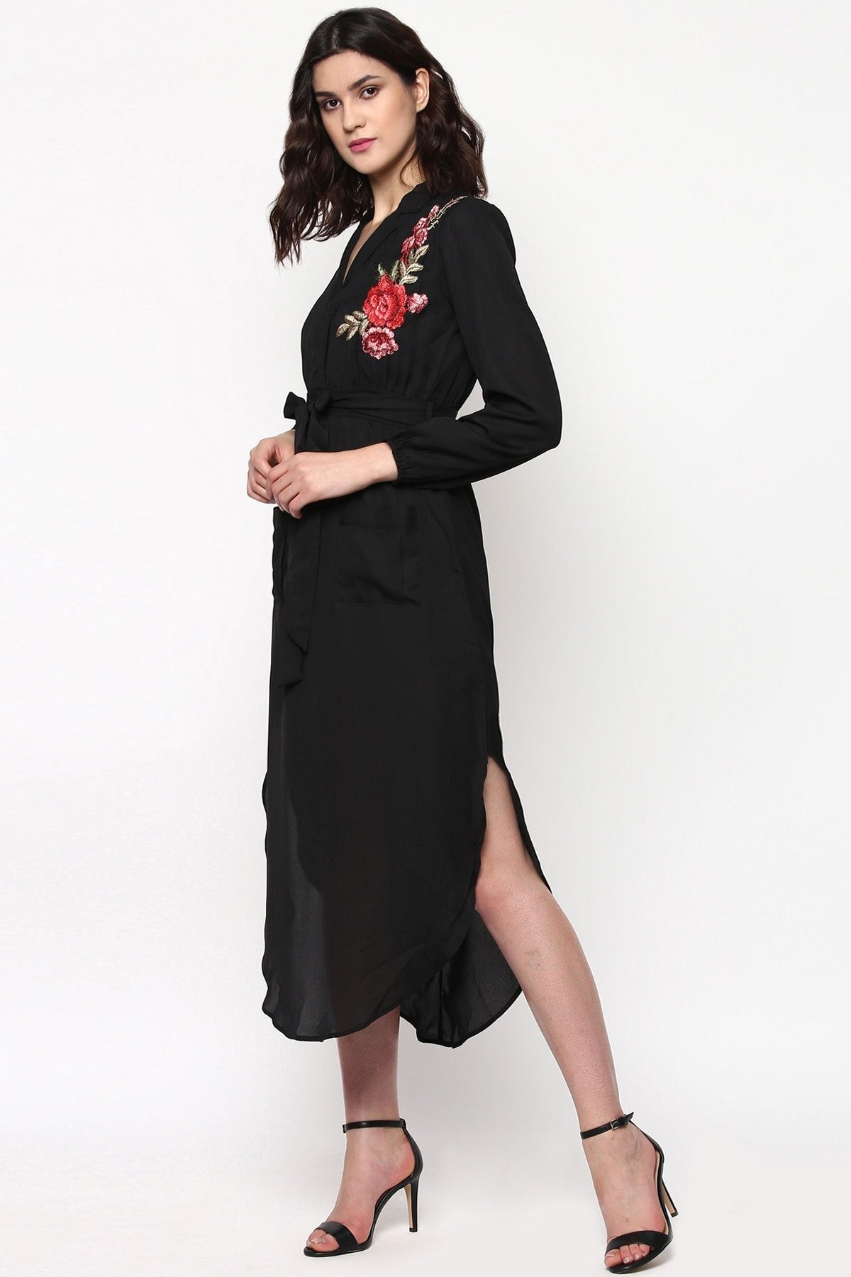 Women's Black Embroidered Patch Belted Maxi Dress
