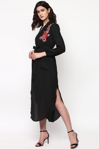 Women's Black Embroidered Patch Belted Maxi Dress