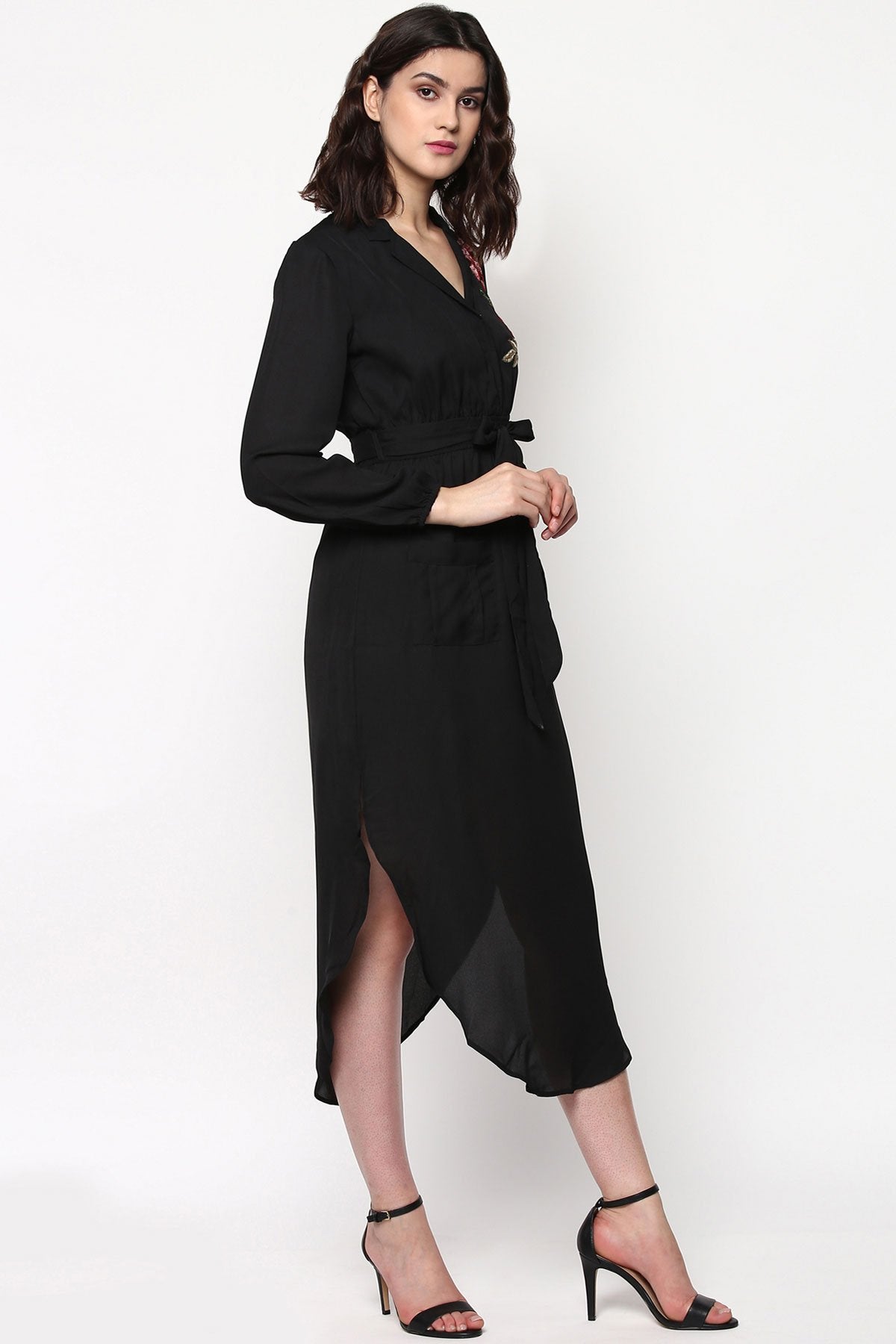 Women's Black Embroidered Patch Belted Maxi Dress