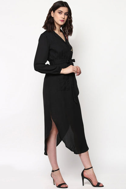 Women's Black Embroidered Patch Belted Maxi Dress