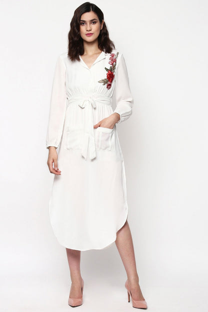 Women's Ivory Embroidered Patch Belted Maxi Dress