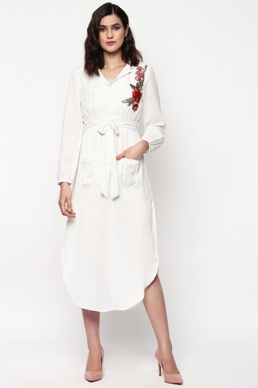 Women's Ivory Embroidered Patch Belted Maxi Dress