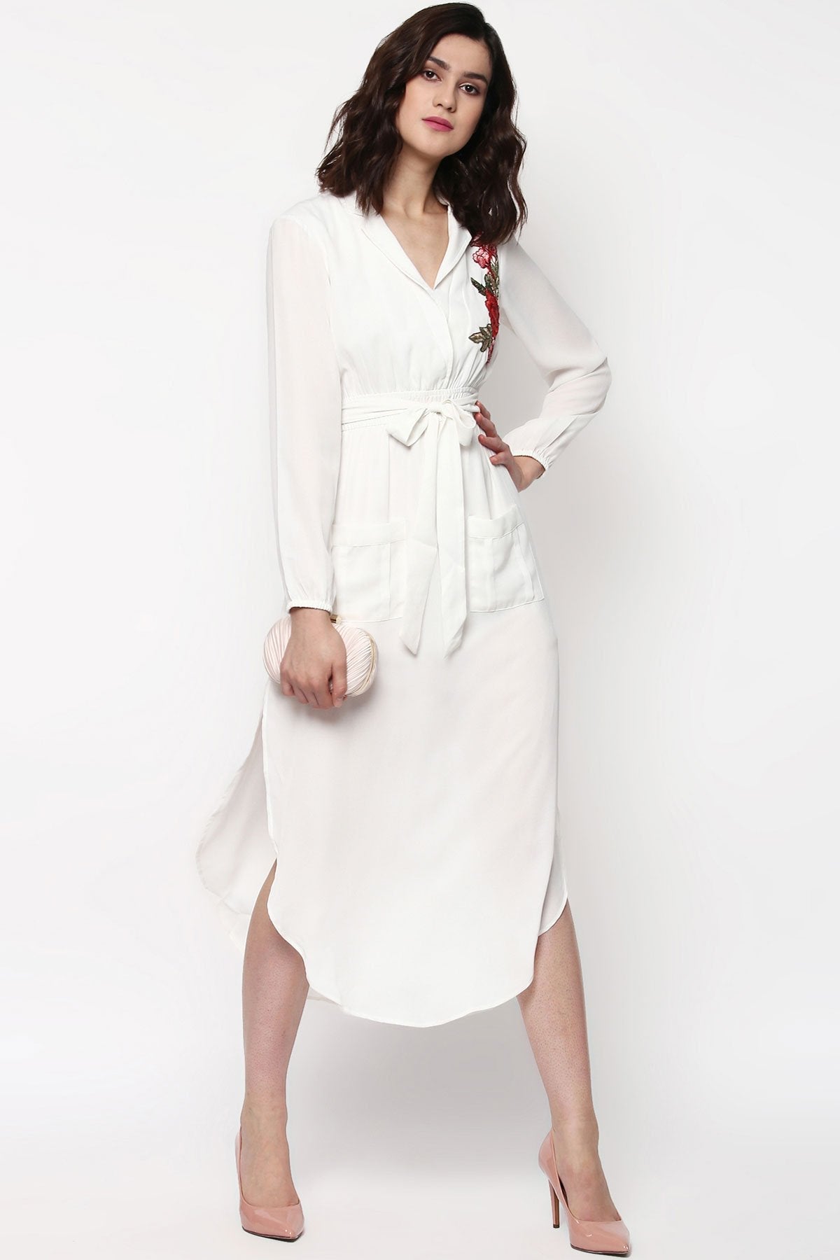 Women's Ivory Embroidered Patch Belted Maxi Dress