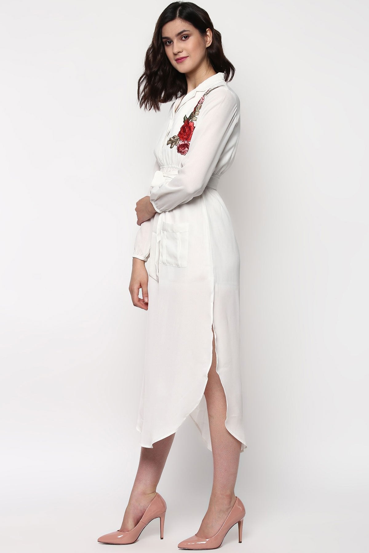 Women's Ivory Embroidered Patch Belted Maxi Dress