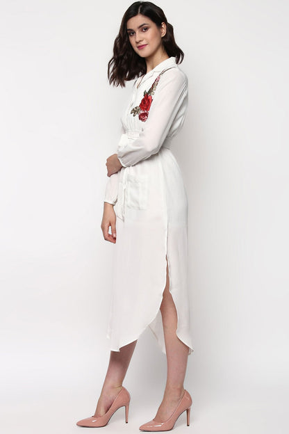 Women's Ivory Embroidered Patch Belted Maxi Dress