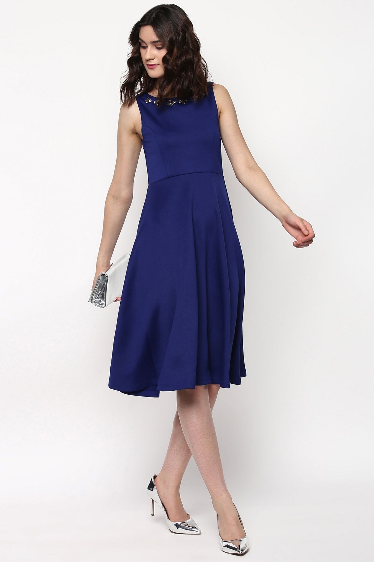 Women's Royal Blue Scuba Embellished Midi Dress