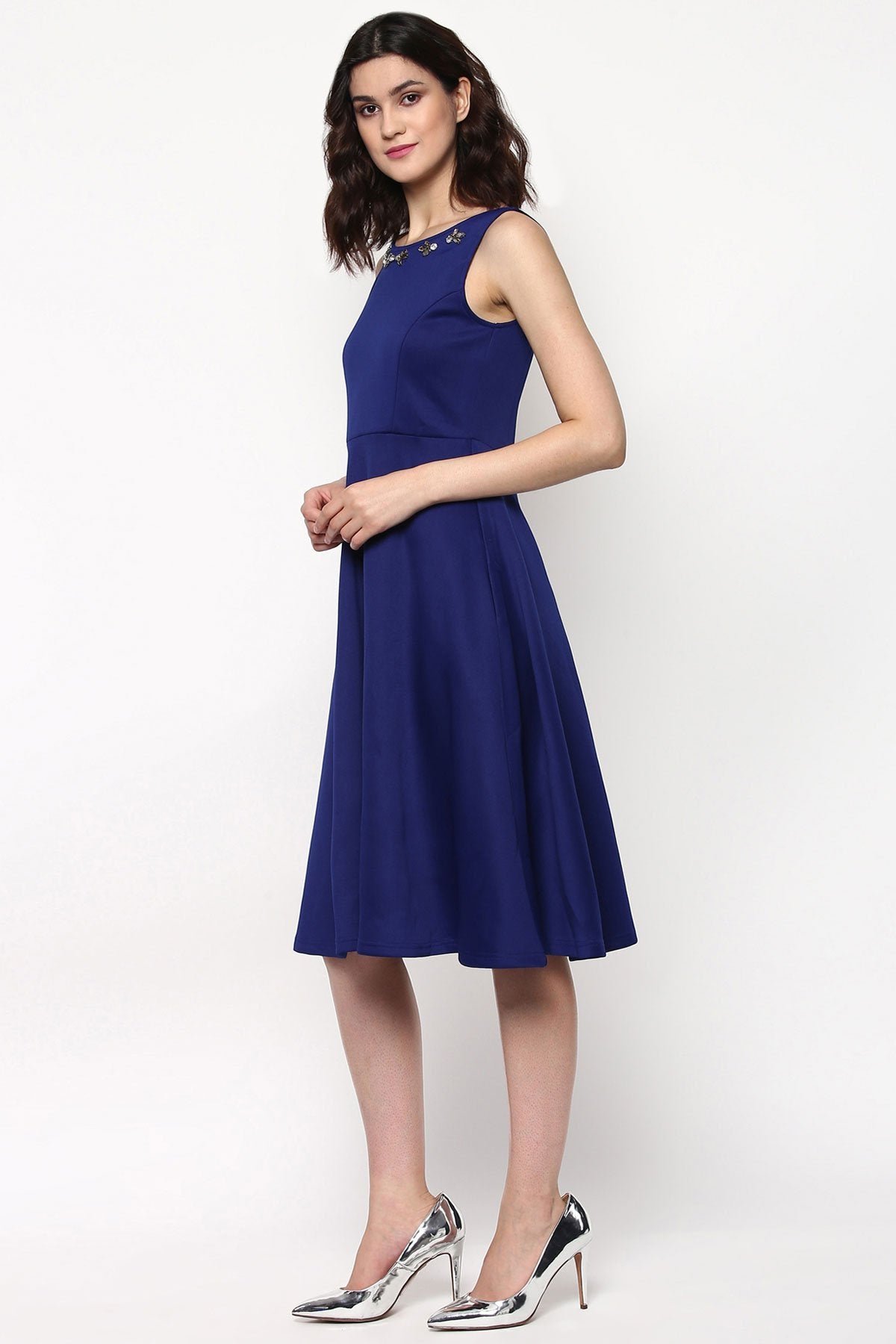 Women's Royal Blue Scuba Embellished Midi Dress