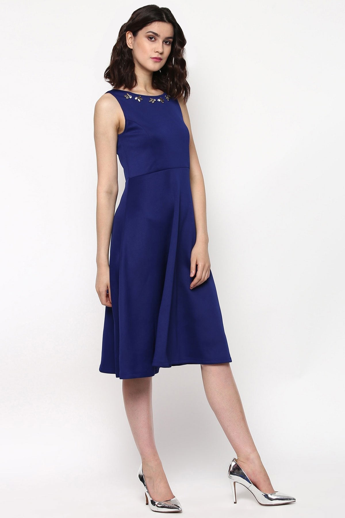 Women's Royal Blue Scuba Embellished Midi Dress