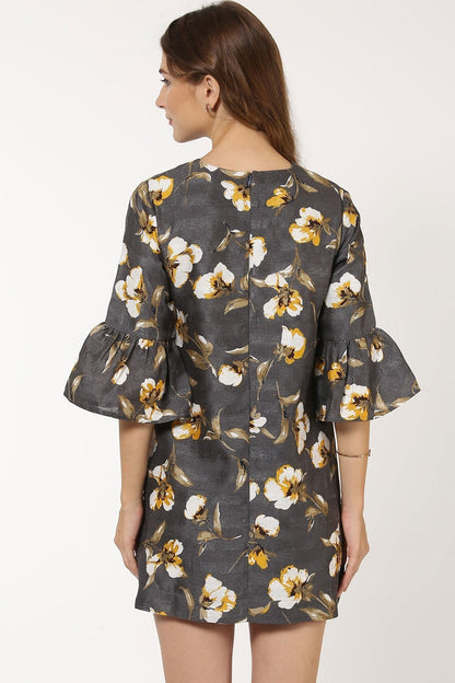 Women's Grey Floral Silk Dress