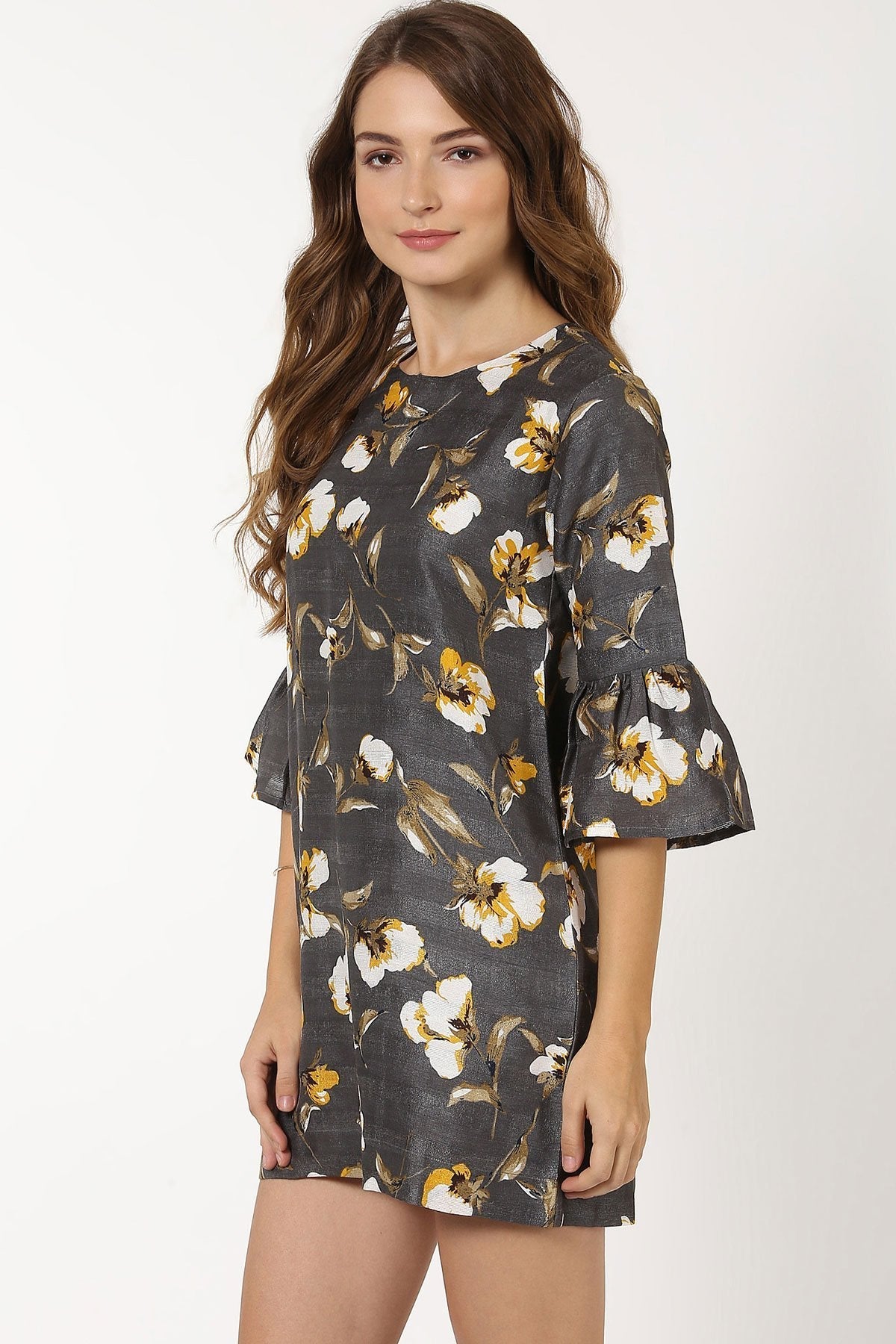 Women's Grey Floral Silk Dress