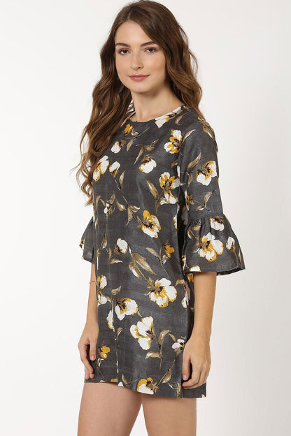 Women's Grey Floral Silk Dress