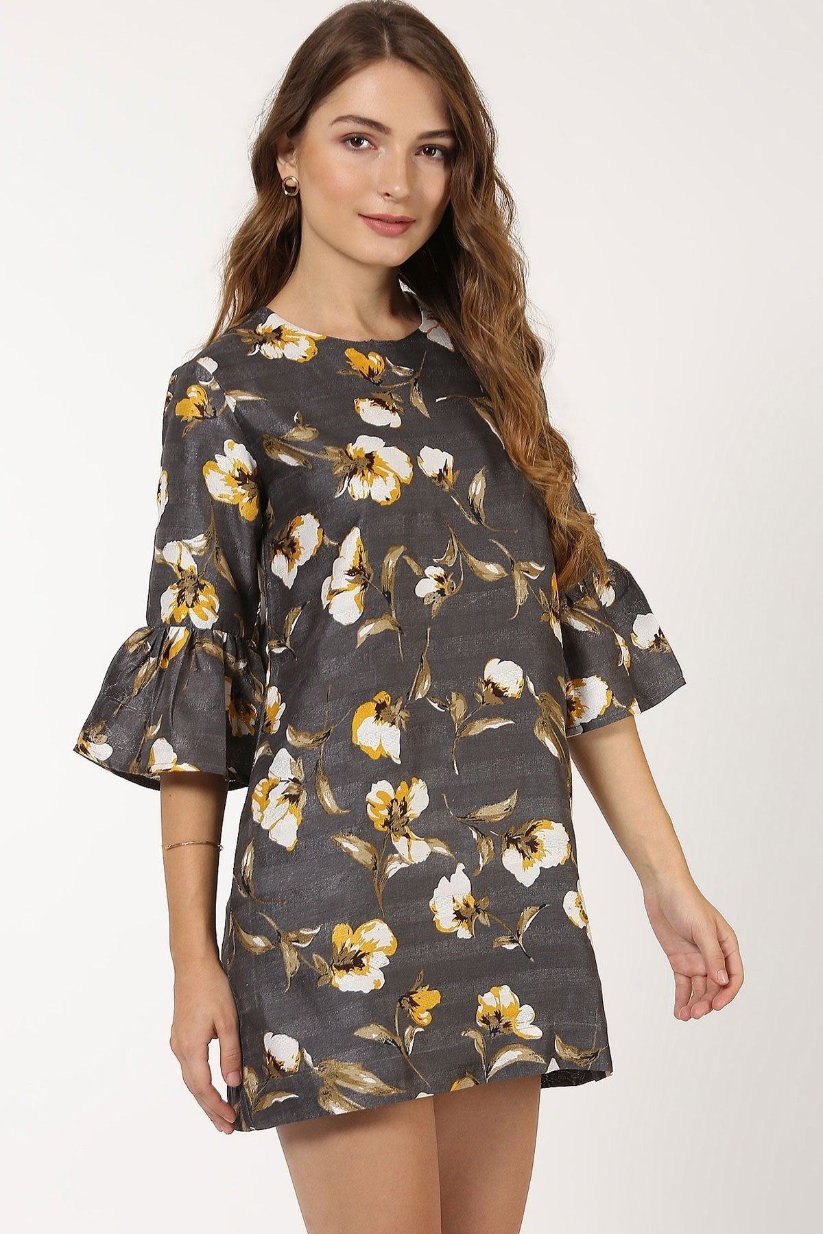Women's Grey Floral Silk Dress