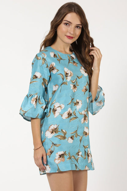 Women's Turquoise Floral Silk Dress