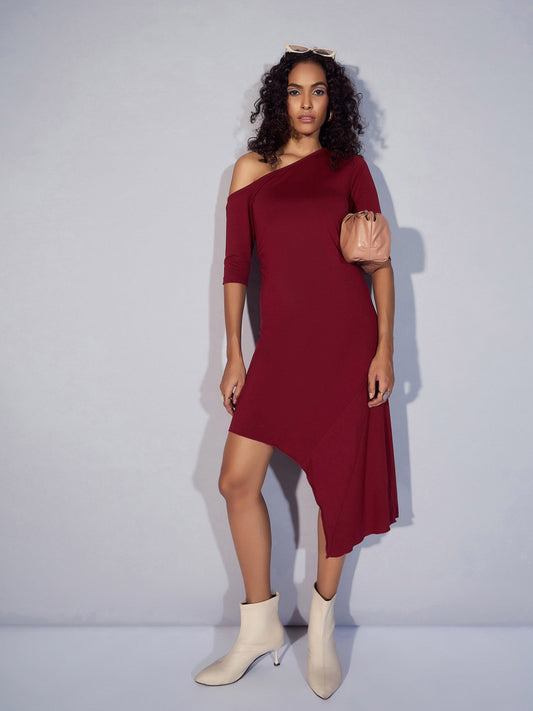 Women's Maroon Solid Dress