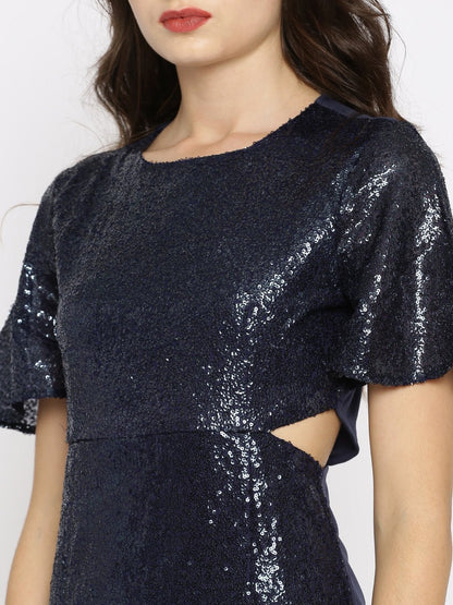 Women's Navy Sequin Side Cut Dress