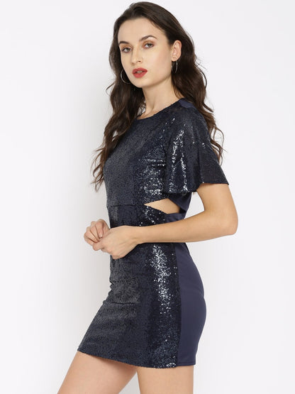 Women's Navy Sequin Side Cut Dress