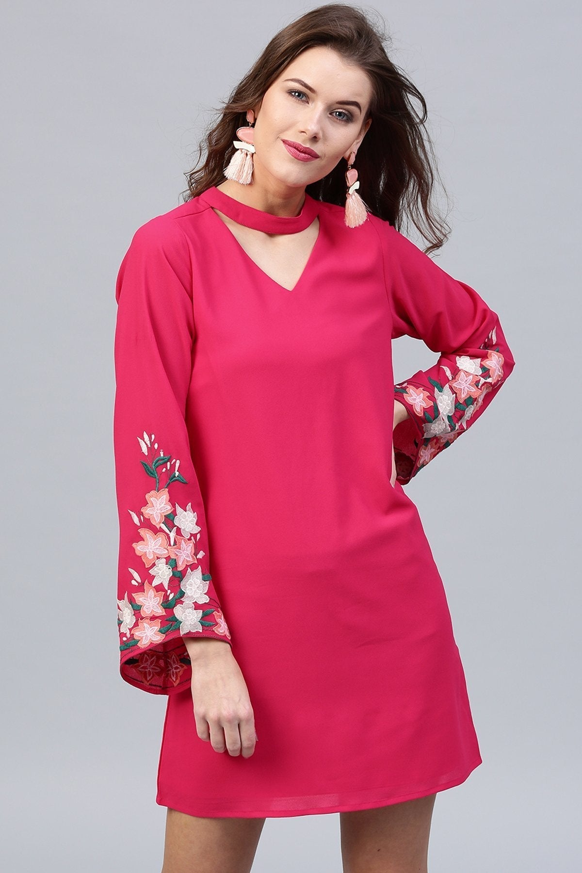 Women's Fuchsia Embroidered Sleeve Choker Dress