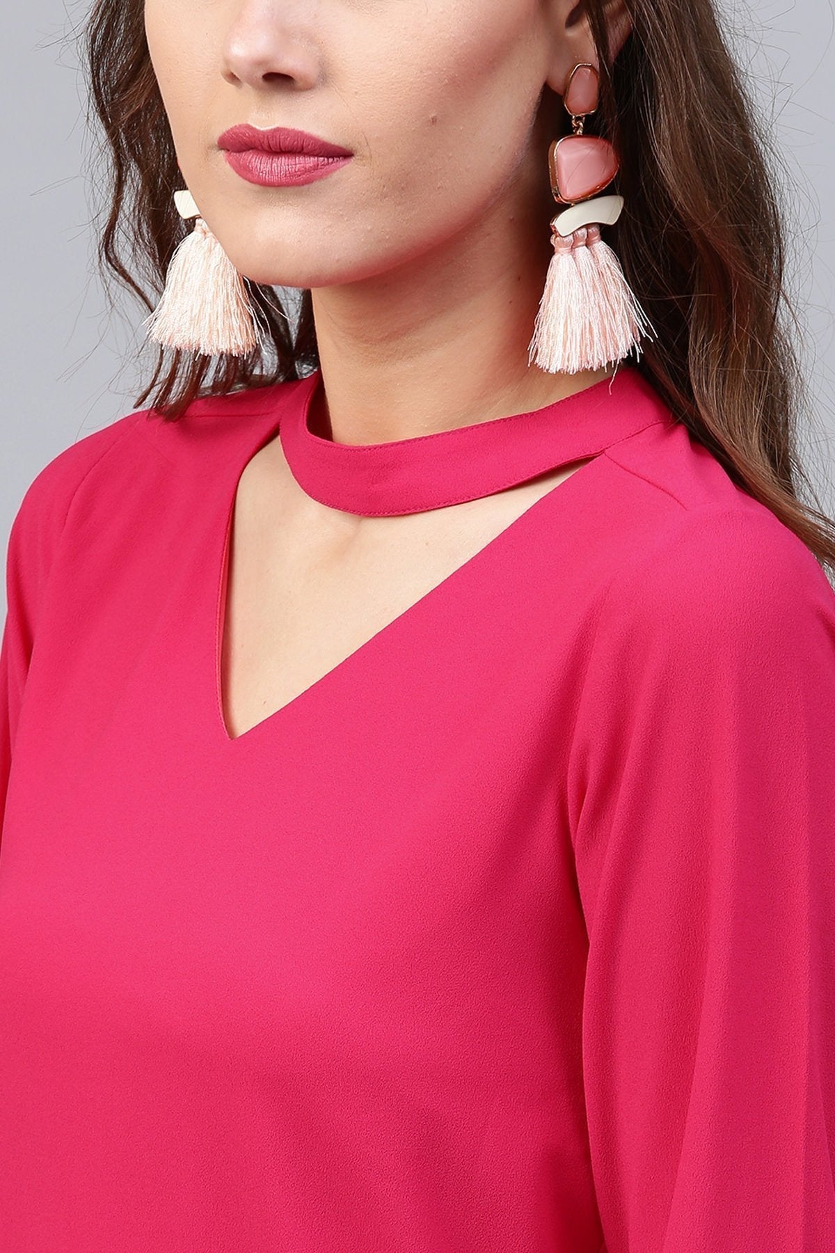 Women's Fuchsia Embroidered Sleeve Choker Dress