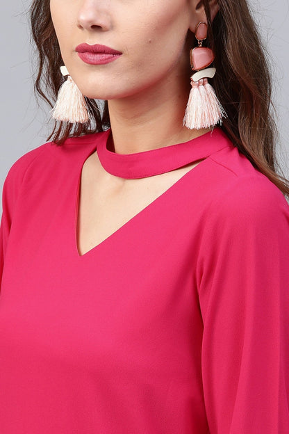 Women's Fuchsia Embroidered Sleeve Choker Dress