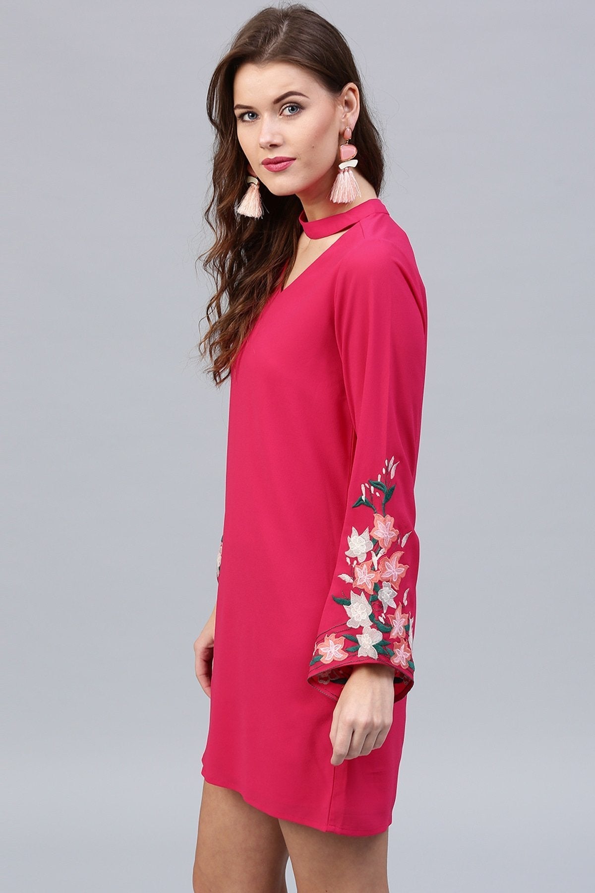 Women's Fuchsia Embroidered Sleeve Choker Dress