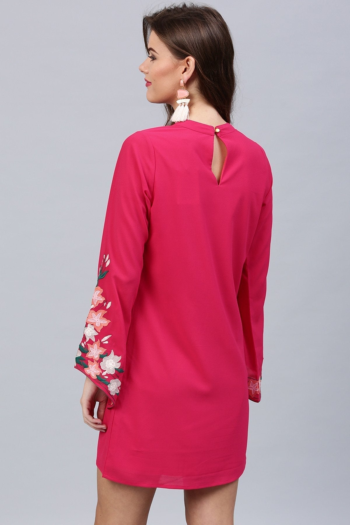 Women's Fuchsia Embroidered Sleeve Choker Dress